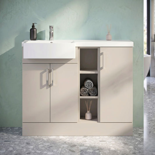 [BFFLR3206L] Wichnor Contemporary Floor Standing Compact 3 Door Combination Vanity Basin Unit with Open Shelves and Polymarble Basin, 1000mm, Left Hand, Pebble Grey - Silo