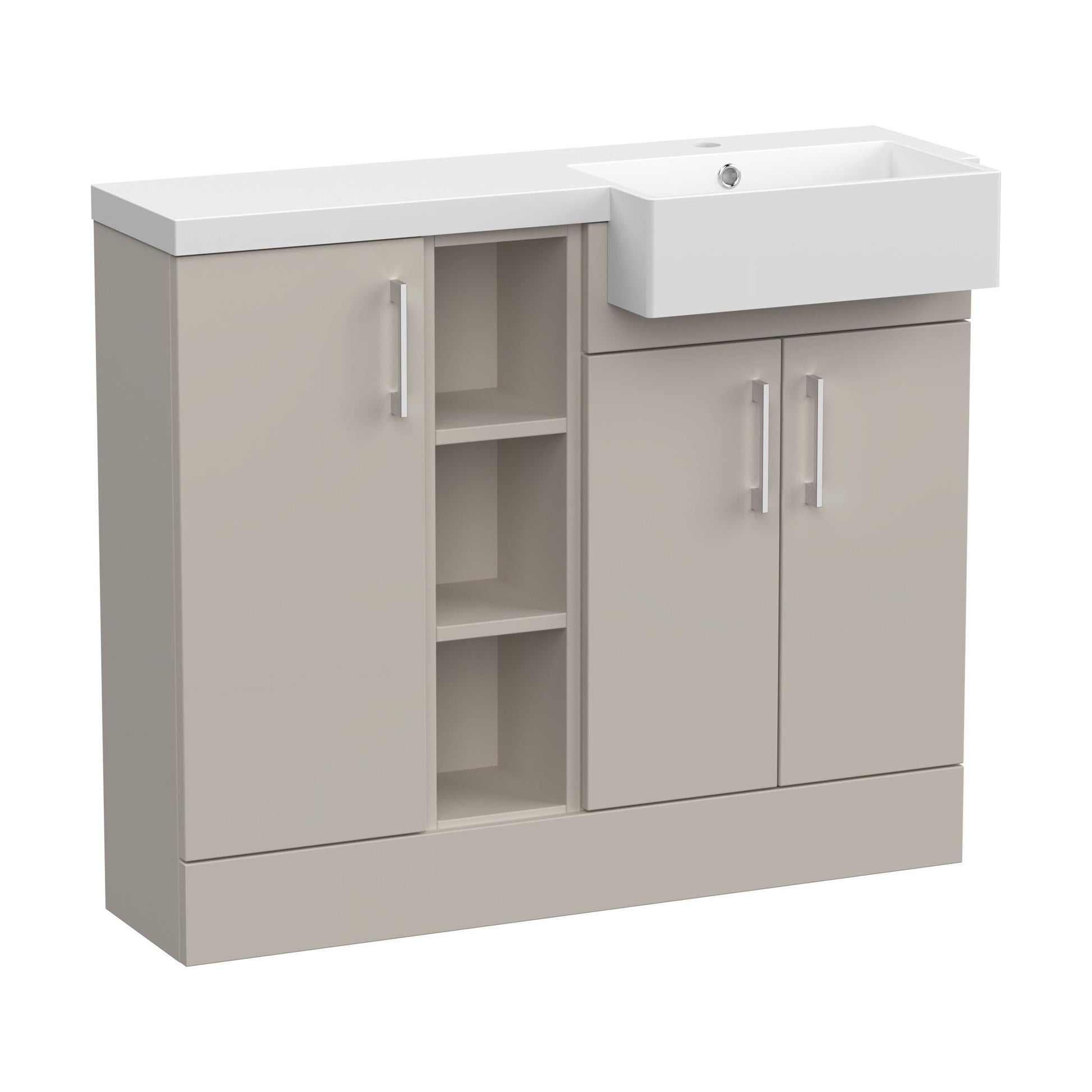 [BFFLR3206R] Wichnor Contemporary Floor Standing Compact 3 Door Combination Vanity Basin Unit with Open Shelves and Polymarble Basin, 1000mm, Right Hand, Pebble Grey - Cutout