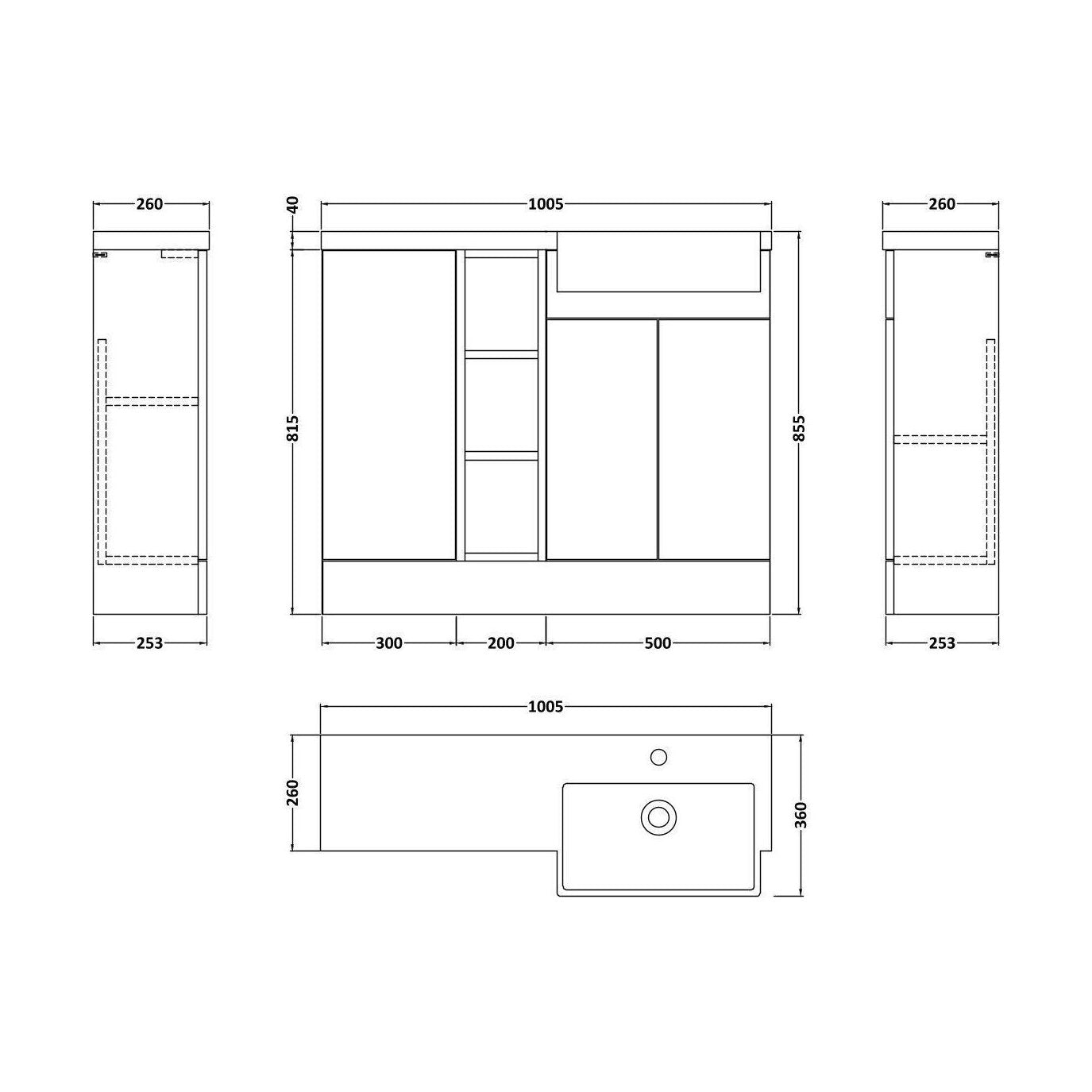 [BFFLR3206R] Wichnor Contemporary Floor Standing Compact 3 Door Combination Vanity Basin Unit with Open Shelves and Polymarble Basin, 1000mm, Right Hand, Pebble Grey - Technical Drawing