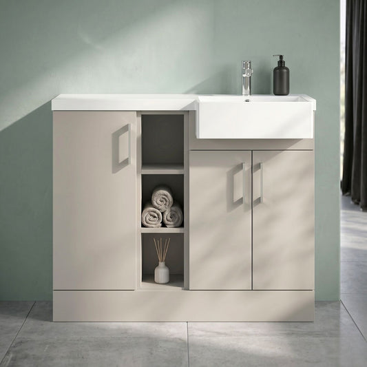 [BFFLR3206R] Wichnor Contemporary Floor Standing Compact 3 Door Combination Vanity Basin Unit with Open Shelves and Polymarble Basin, 1000mm, Right Hand, Pebble Grey - Silo