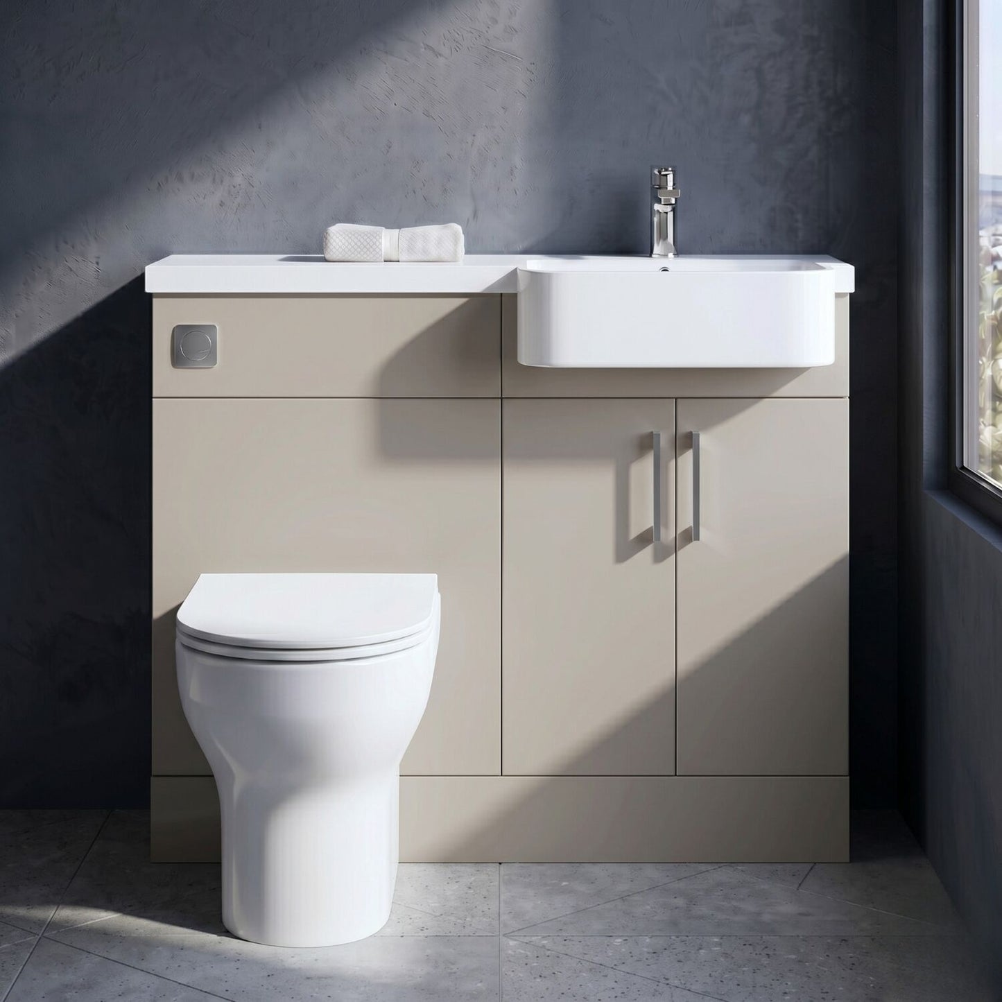 [BFFLR3207R] Wichnor Contemporary Floor Standing Compact 2 Door Vanity Basin WC Unit with Polymarble Basin, 1100mm, Right Hand, Pebble Grey - Silo
