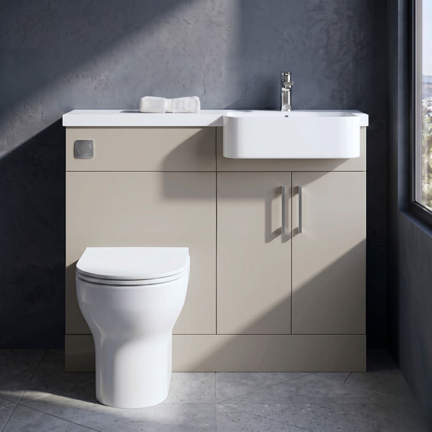 [BFFLR3207R] Wichnor Contemporary Floor Standing Compact 2 Door Vanity Basin WC Unit with Polymarble Basin, 1100mm, Right Hand, Pebble Grey - Silo