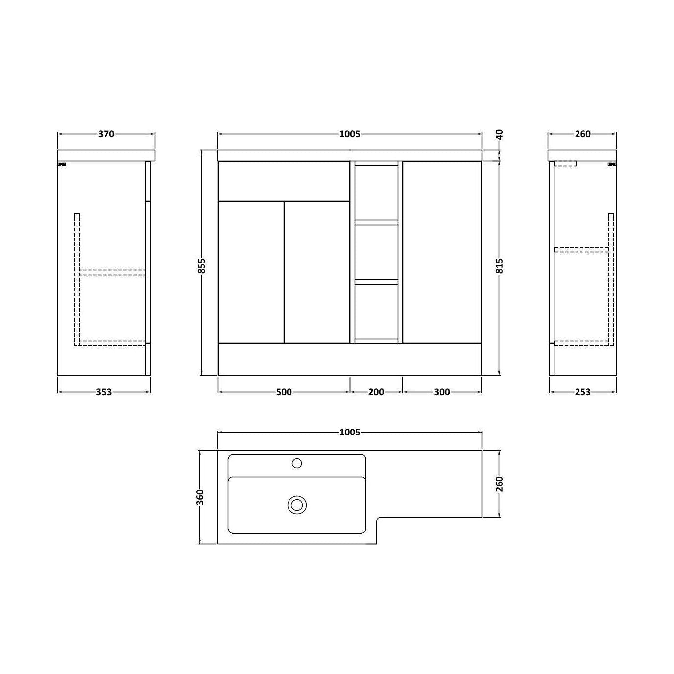 [BFFLR3208L] Wichnor Contemporary Floor Standing 3 Door Vanity Basin WC Unit with Polymarble Basin, 1000mm, Left Hand, Pebble Grey - Technical Drawing