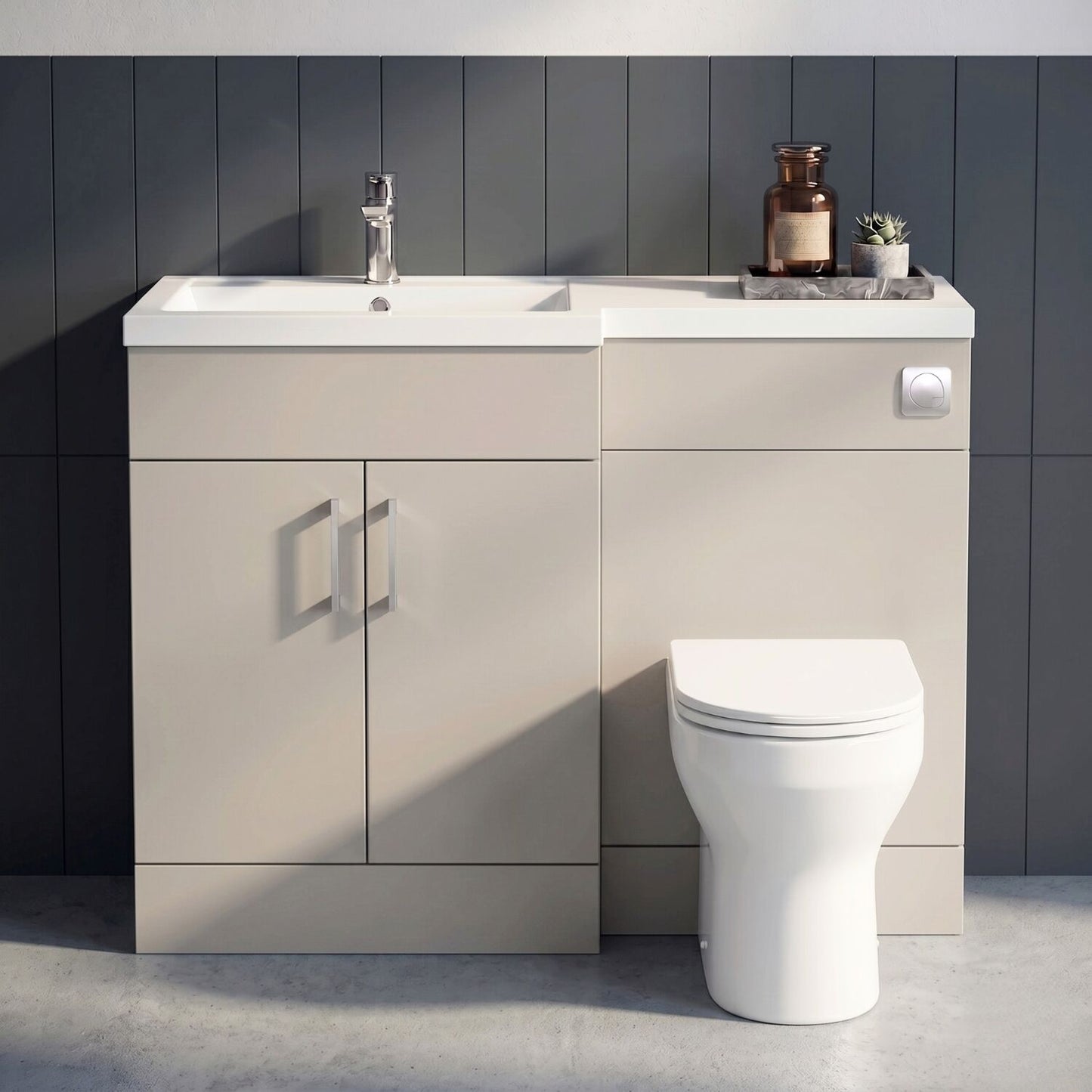 [BFFLR3209L] Wichnor Contemporary Floor Standing 2 Door Vanity Basin WC Unit with Polymarble Basin, 1100mm, Left Hand, Pebble Grey - Silo
