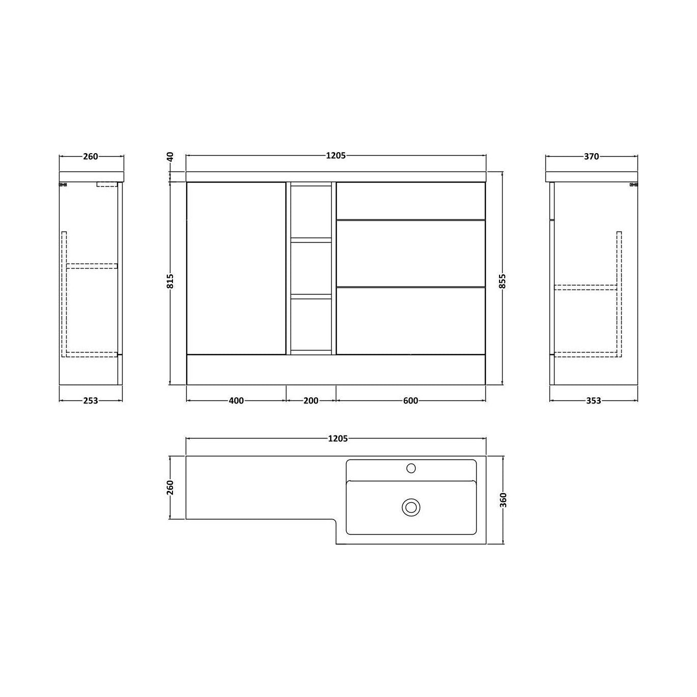 [BFFLR3210R] Wichnor Contemporary Floor Standing 1 Door, 2 Drawer Vanity Basin Unit with Open Shelf and Polymarble Basin, 1200mm, Right Hand, Pebble Grey - Technical Drawing