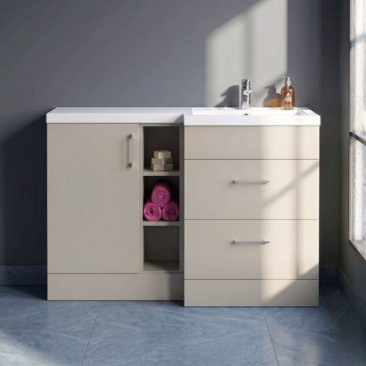 [BFFLR3210R] Wichnor Contemporary Floor Standing 1 Door, 2 Drawer Vanity Basin Unit with Open Shelf and Polymarble Basin, 1200mm, Right Hand, Pebble Grey - Silo