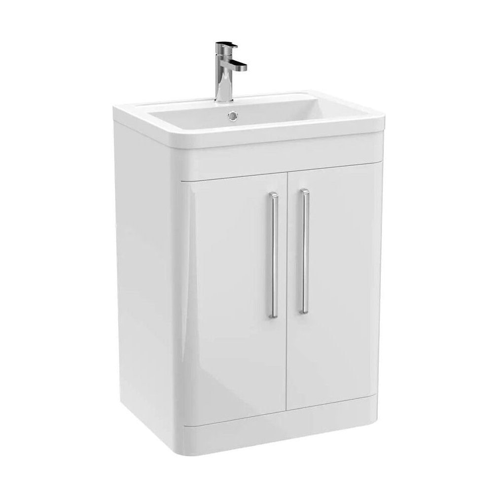 [BFGE010] Balterley Contemporary Bathroom Floor Standing Vanity with 2 Soft Close Doors & 1 Tap Hole Polymarble Basin, Gloss White, 600mm - Cutout