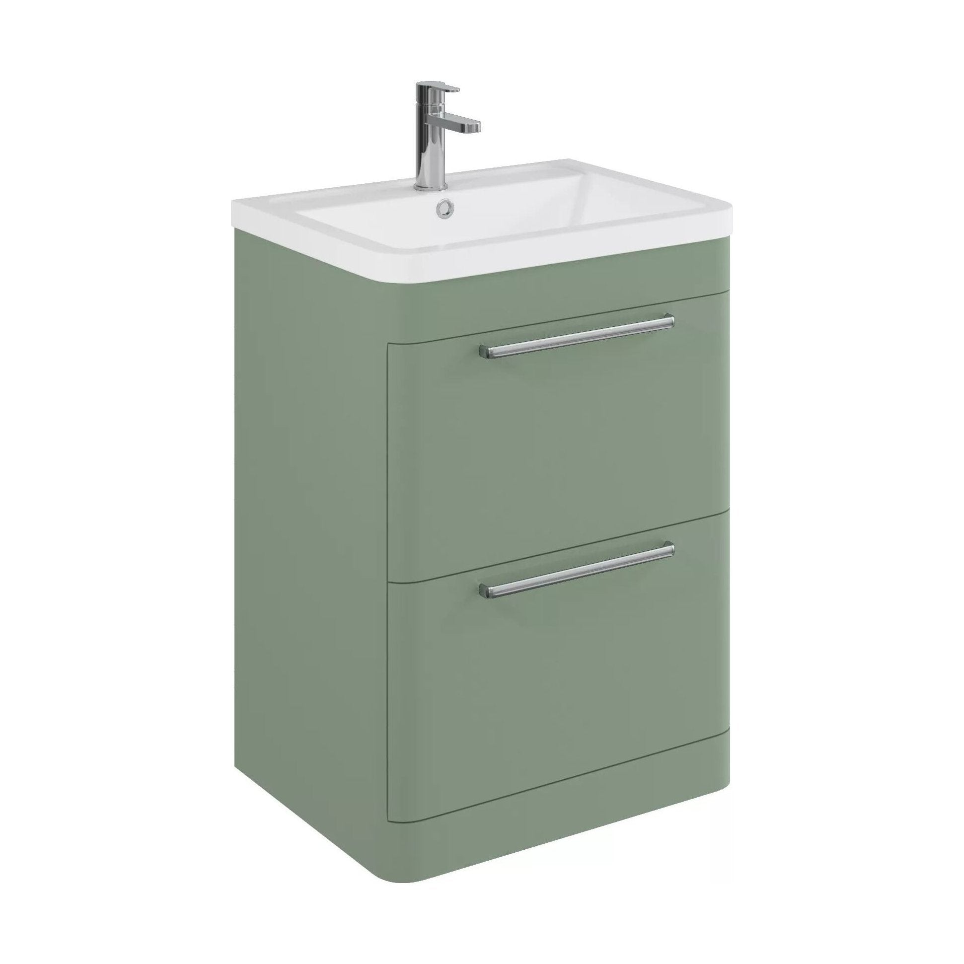 [BFGE801] Balterley Contemporary Bathroom Floor Standing Vanity with 2 Soft Close Drawers & 1 Tap Hole Polymarble Basin, Satin Green, 600mm - Cutout