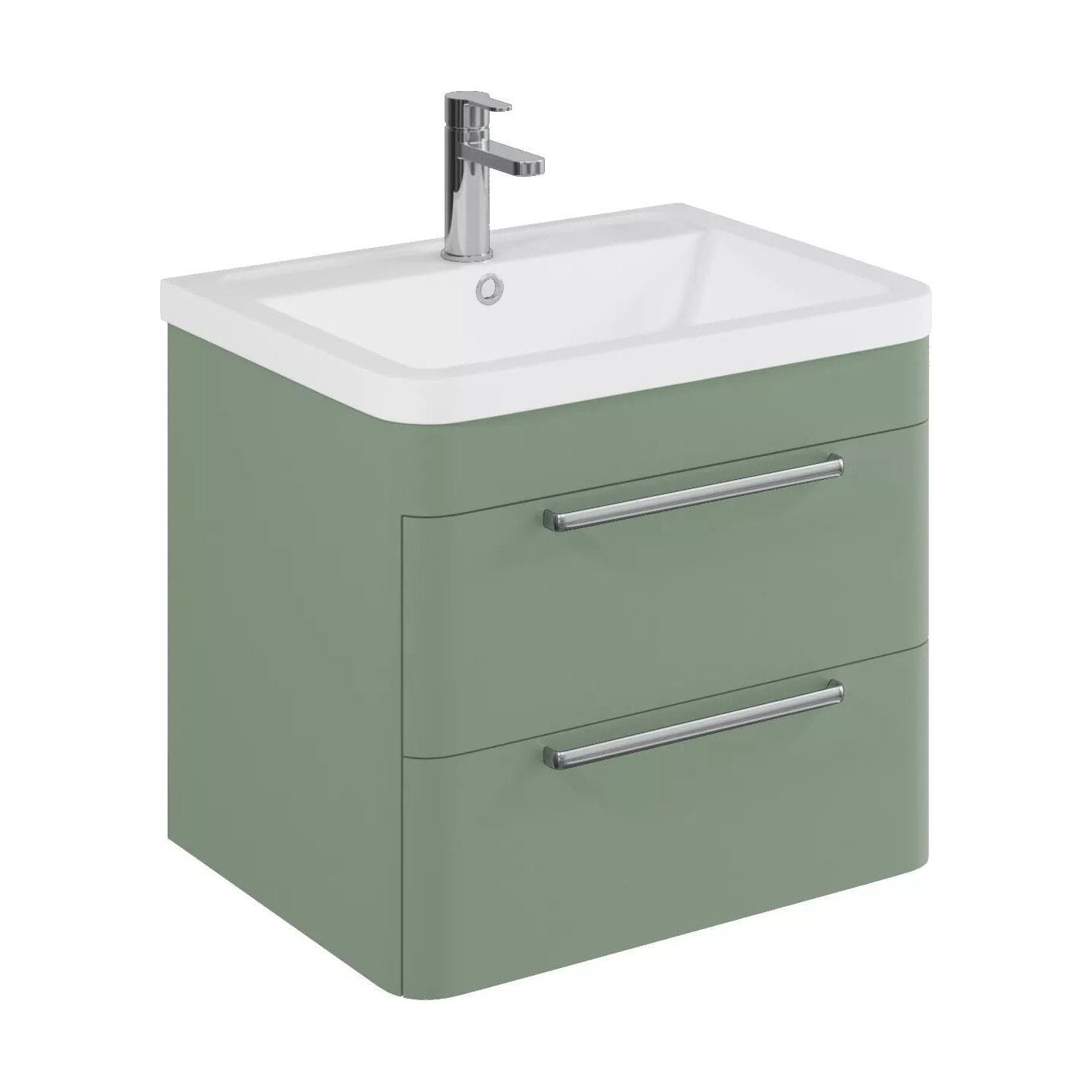 [BFGE802] Balterley Contemporary Bathroom Wall Hung Vanity Unit with 2 Soft Close Drawers & 1 Tap Hole Polymarble Basin, Satin Green, 600mm - Cutout