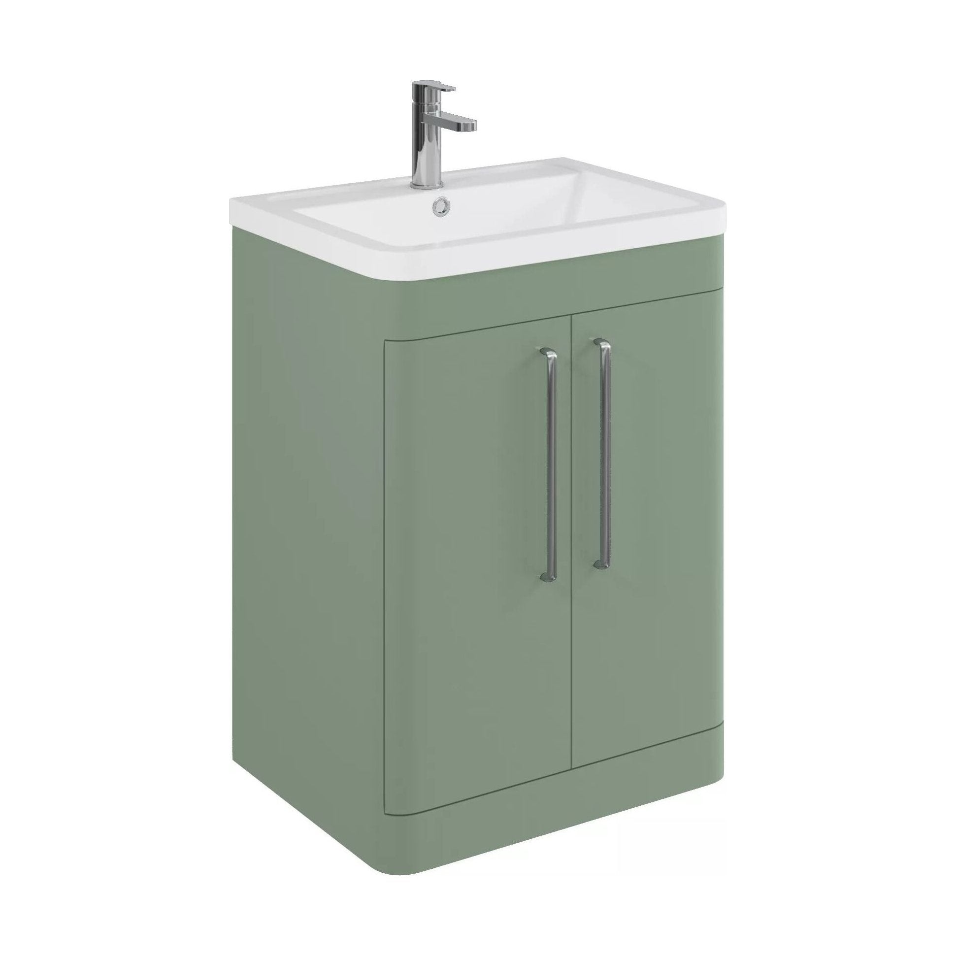 [BFGE810] Balterley Contemporary Bathroom Floor Standing Vanity with 2 Soft Close Doors & 1 Tap Hole Polymarble Basin, Satin Green, 600mm - Cutout