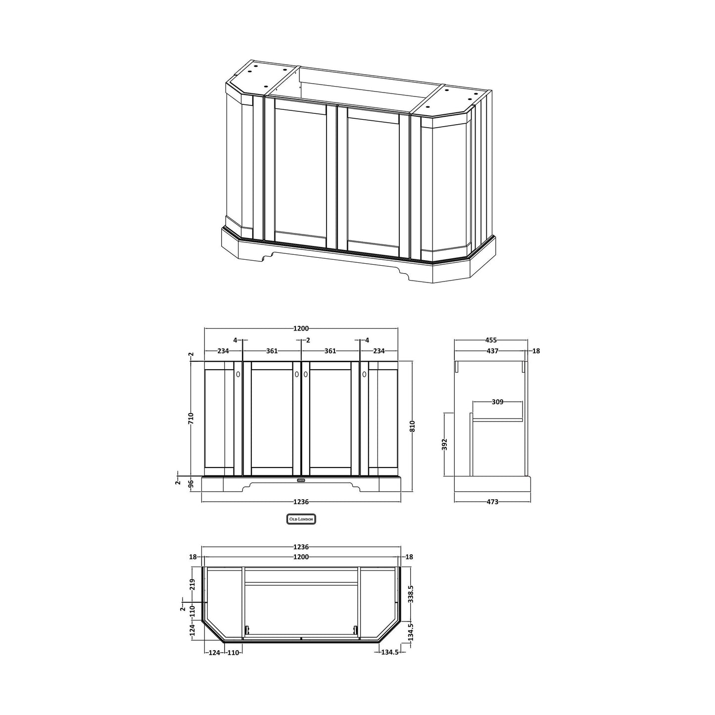 [BFHAN208] 1200 4-DOOR ANGLED BASIN UNIT - Technical Drawing