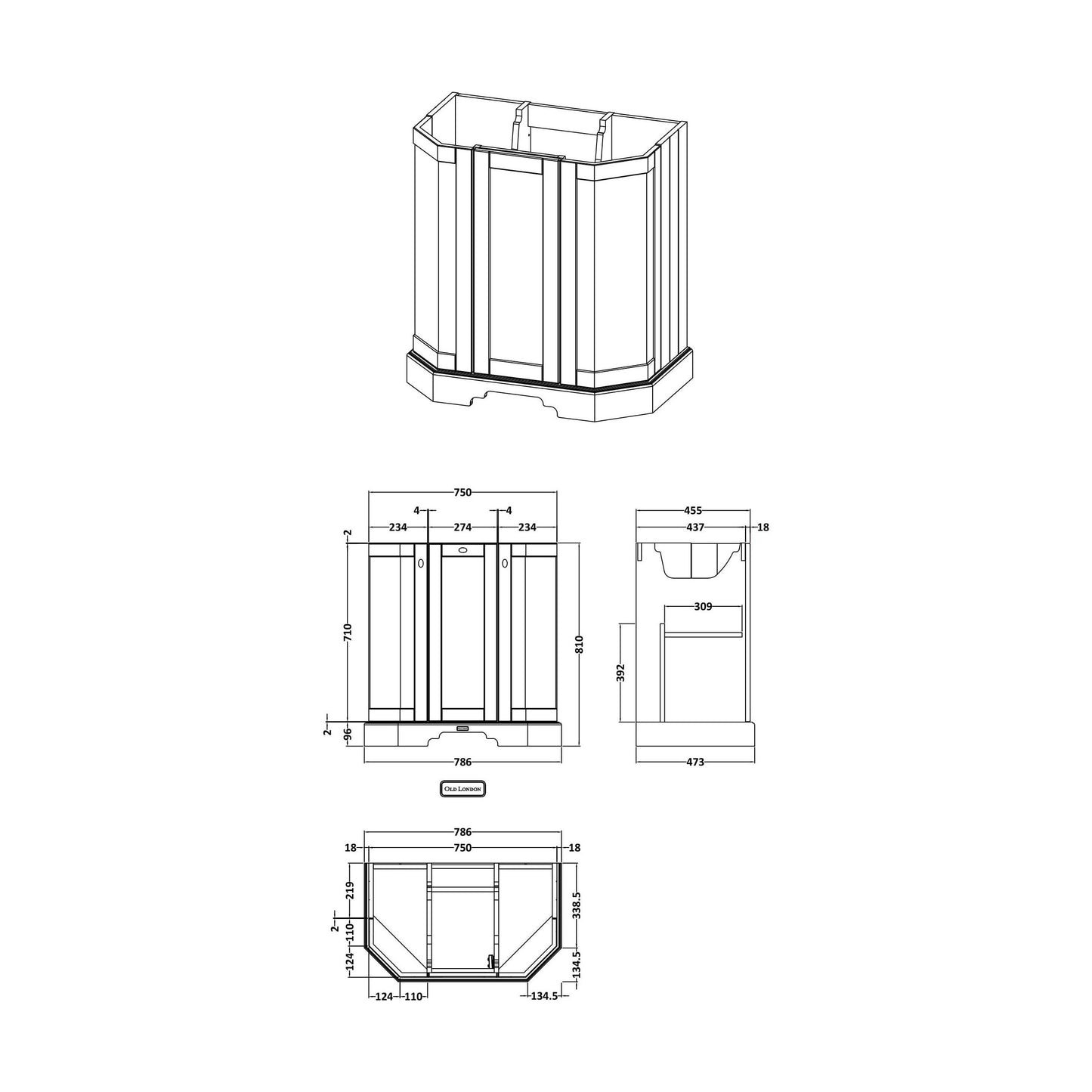 [BFHAN304] 750 3-DOOR ANGLED BASIN UNIT - Technical Drawing