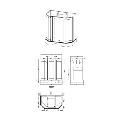 [BFHAN304] 750 3-DOOR ANGLED BASIN UNIT - Technical Drawing