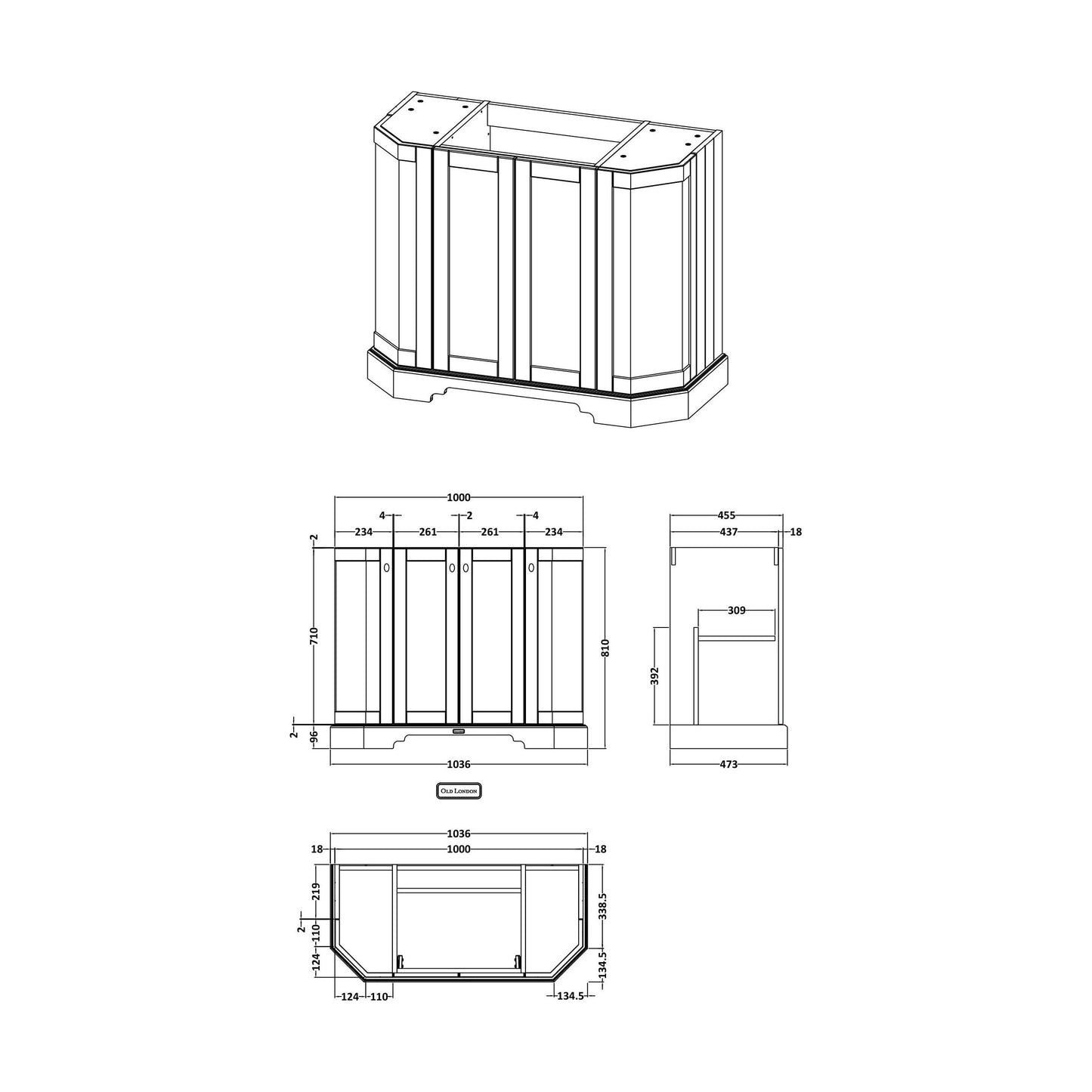 [BFHAN406] 1000 4-DOOR ANGLED BASIN UNIT - Technical Drawing