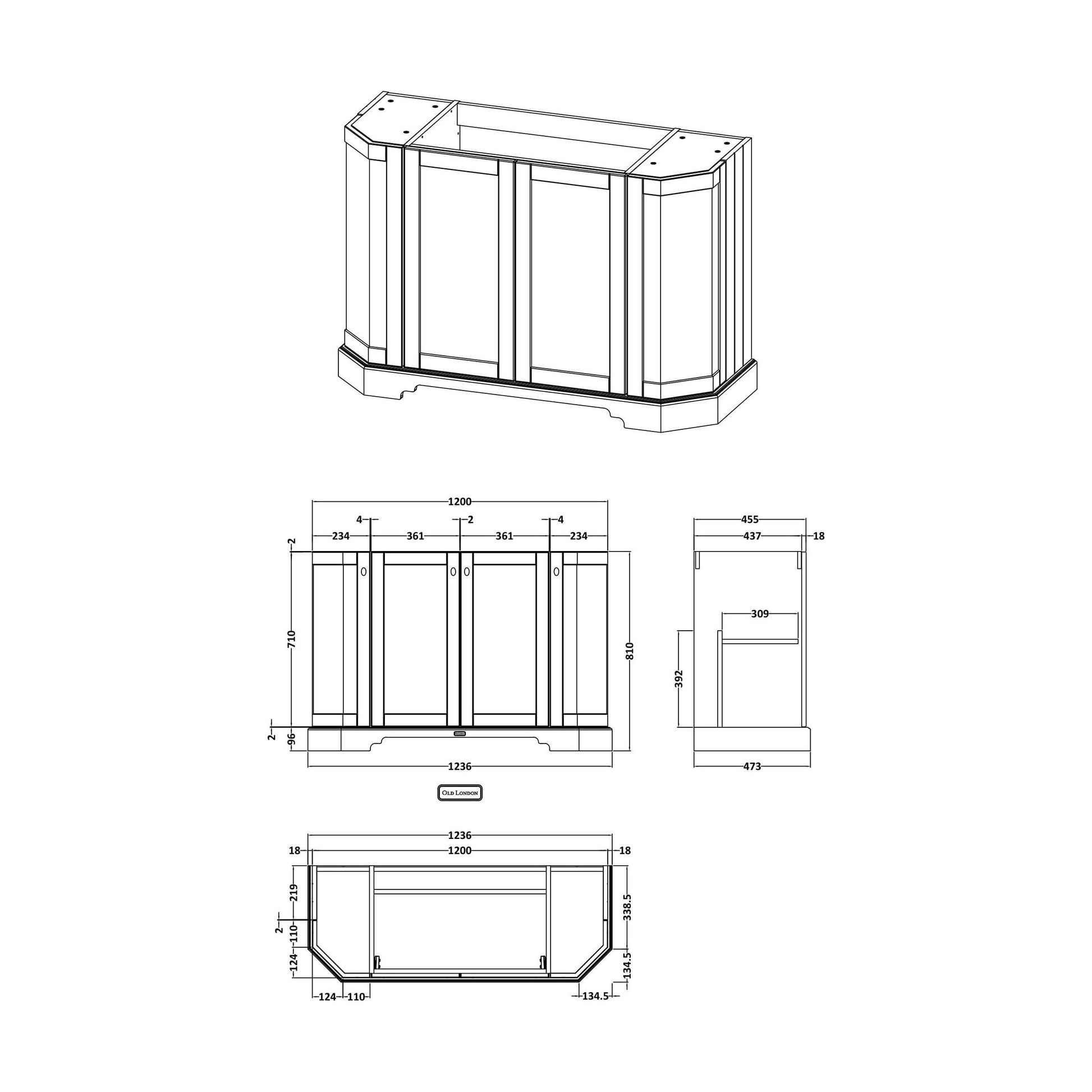 [BFHAN408] 1200 4-DOOR ANGLED BASIN UNIT - Technical Drawing