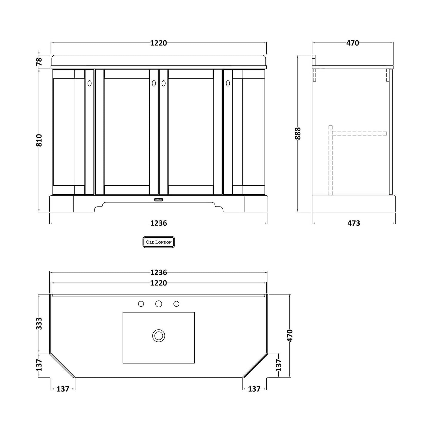[BFHAN808] 1200 4-DOOR ANGLED BASIN UNIT - Technical Drawing