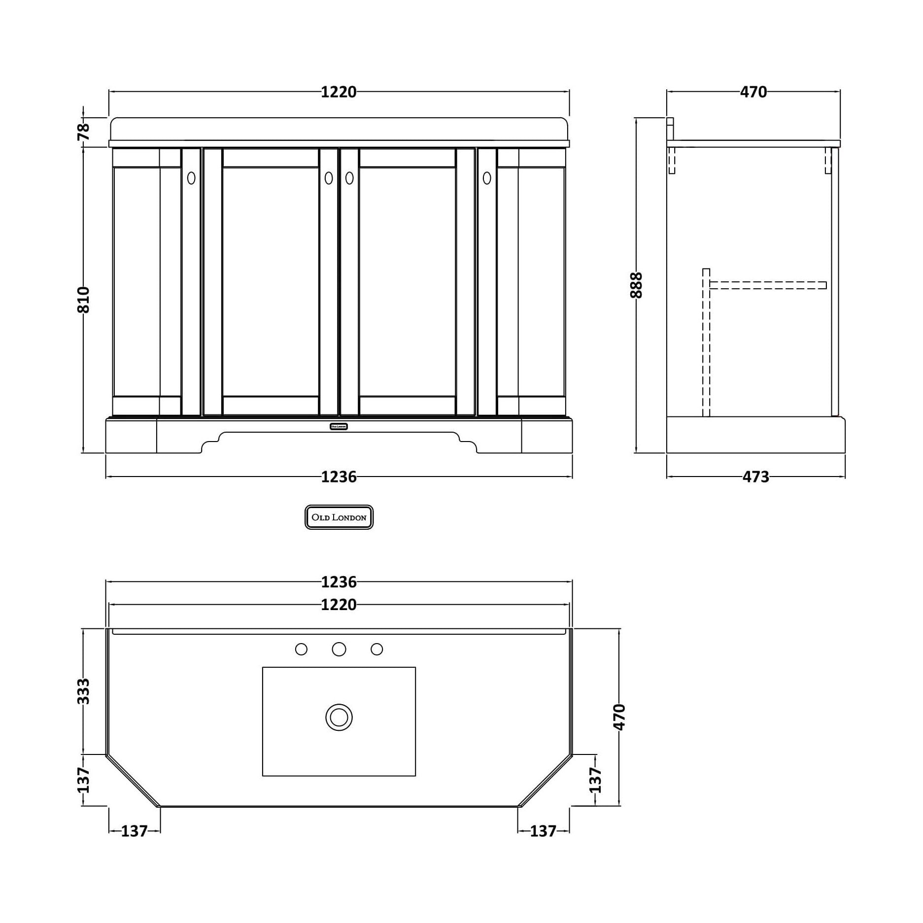 [BFHAN808] 1200 4-DOOR ANGLED BASIN UNIT - Technical Drawing
