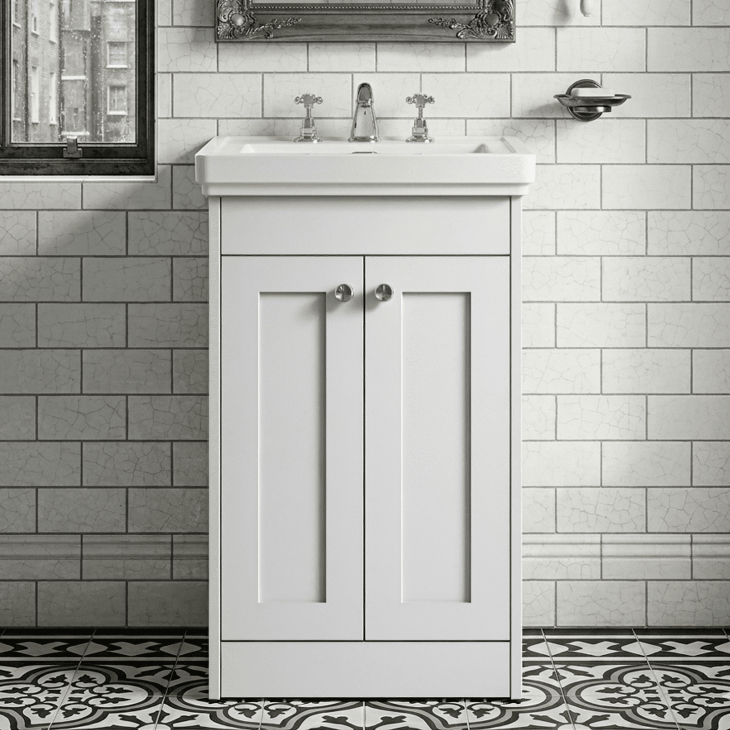 [BFHE123B] Butterton 2 Door Floor Standing Vanity Unit with Classic Basin 3 Tap Hole - 500mm Gloss White - Silo