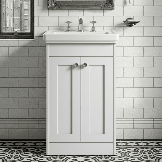 [BFHE123B] Butterton 2 Door Floor Standing Vanity Unit with Classic Basin 3 Tap Hole - 500mm Gloss White - Silo