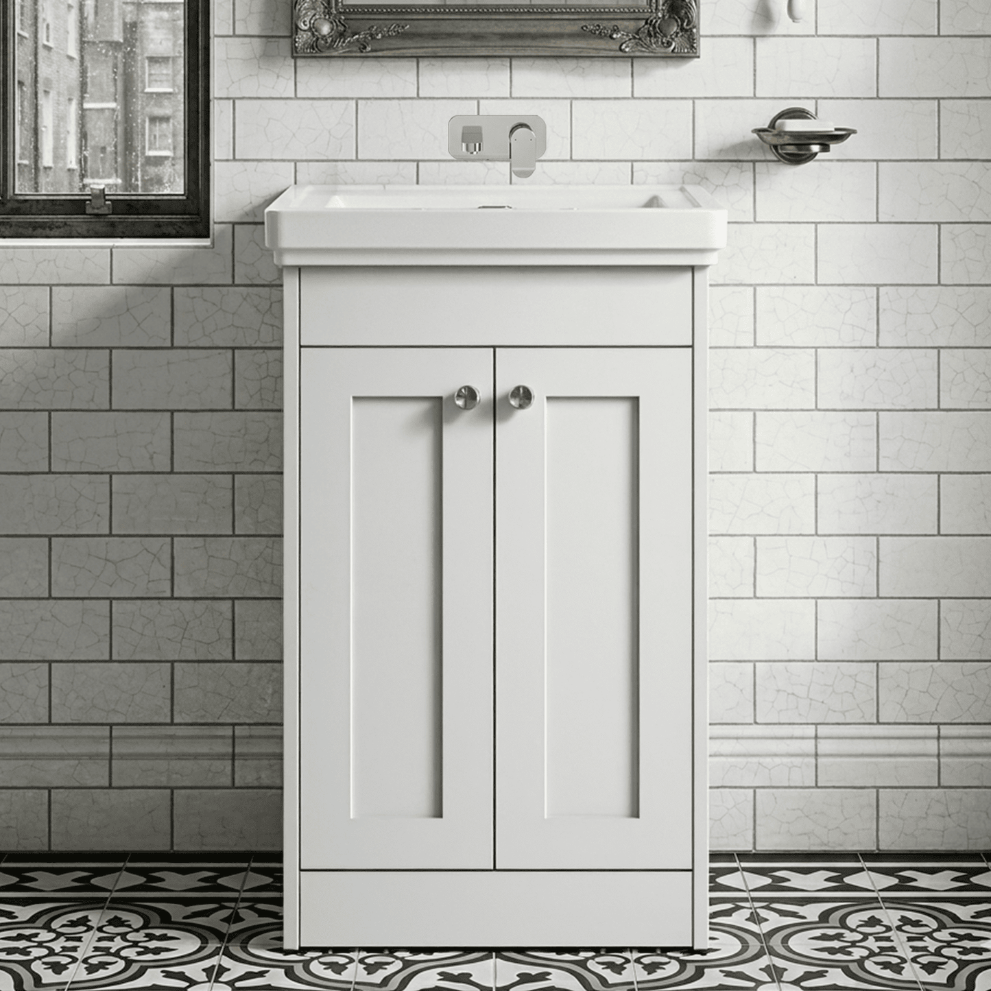 [BFHE123H] Butterton 2 Door Floor Standing Vanity Unit with Classic Basin No Tap Hole - 500mm Gloss White - Silo