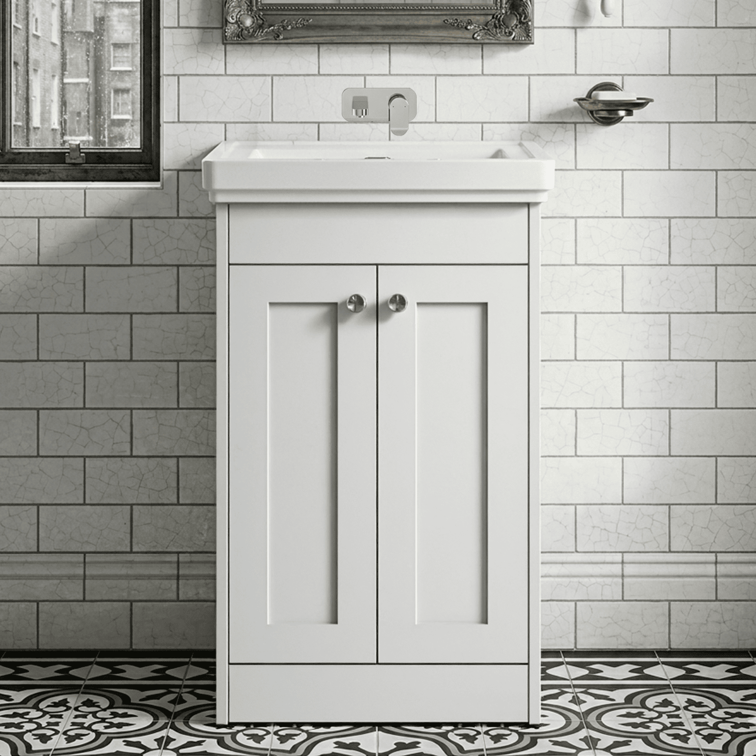 [BFHE123H] Butterton 2 Door Floor Standing Vanity Unit with Classic Basin No Tap Hole - 500mm Gloss White - Silo