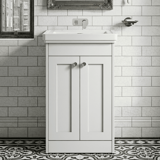[BFHE123H] Butterton 2 Door Floor Standing Vanity Unit with Classic Basin No Tap Hole - 500mm Gloss White - Silo