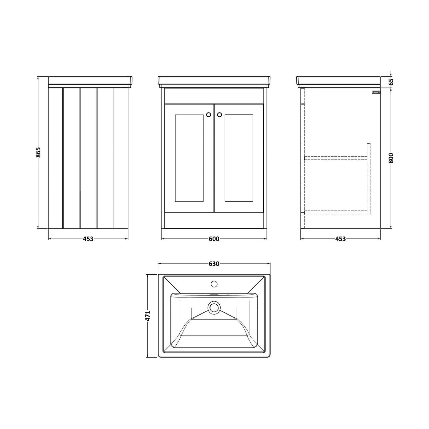 [BFHE125A] Balterley 600mm Floor Standing 2 Door Unit with Classic Basin 1 Tap Hole - Satin White - Technical Drawing