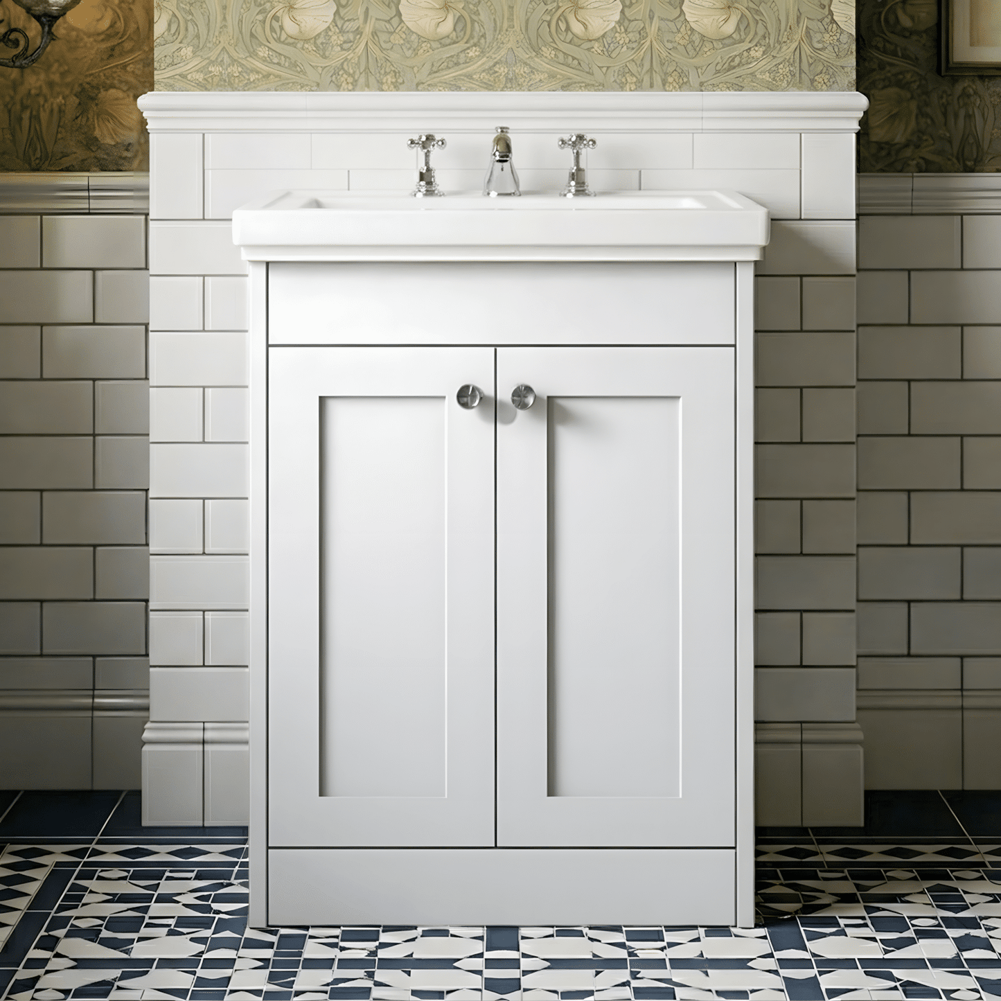 [BFHE125B] Butterton 2 Door Floor Standing Vanity Unit with Classic Basin 3 Tap Hole - 600mm Gloss White - Silo
