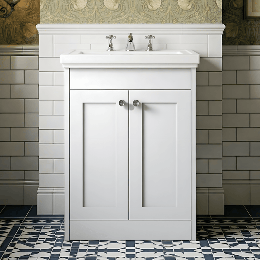 [BFHE125B] Butterton 2 Door Floor Standing Vanity Unit with Classic Basin 3 Tap Hole - 600mm Gloss White - Silo