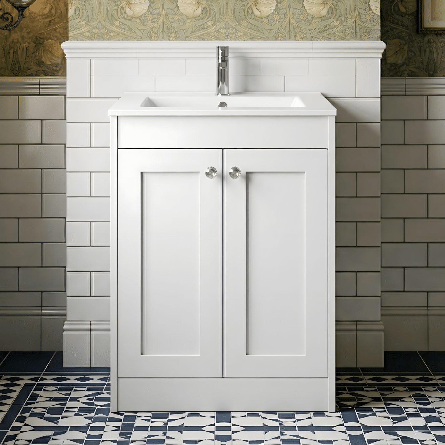 [BFHE125C] Butterton 2 Door Floor Standing Vanity Unit with Minimalist Ceramic Basin 1 Tap Hole - 600mm Gloss White - Silo