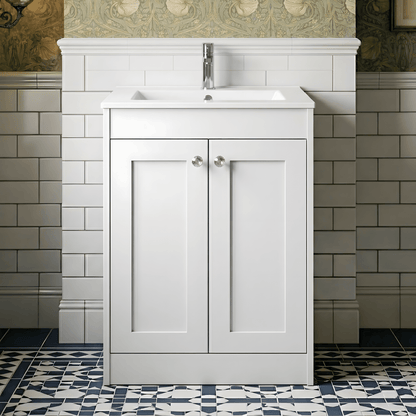 [BFHE125C] Butterton 2 Door Floor Standing Vanity Unit with Minimalist Ceramic Basin 1 Tap Hole - 600mm Gloss White - Silo