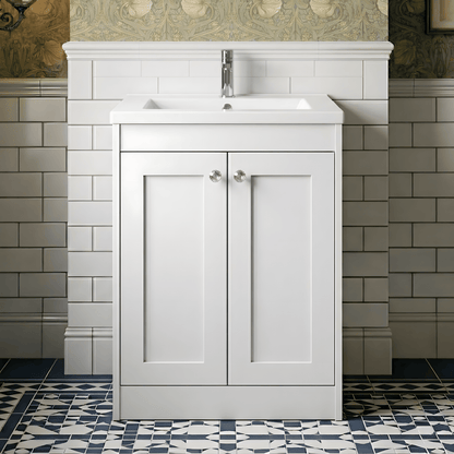 [BFHE125E] Butterton Traditional 2 Door Floor Standing Vanity Unit with Thin-Edge Basin, Gloss White, 600mm - Silo
