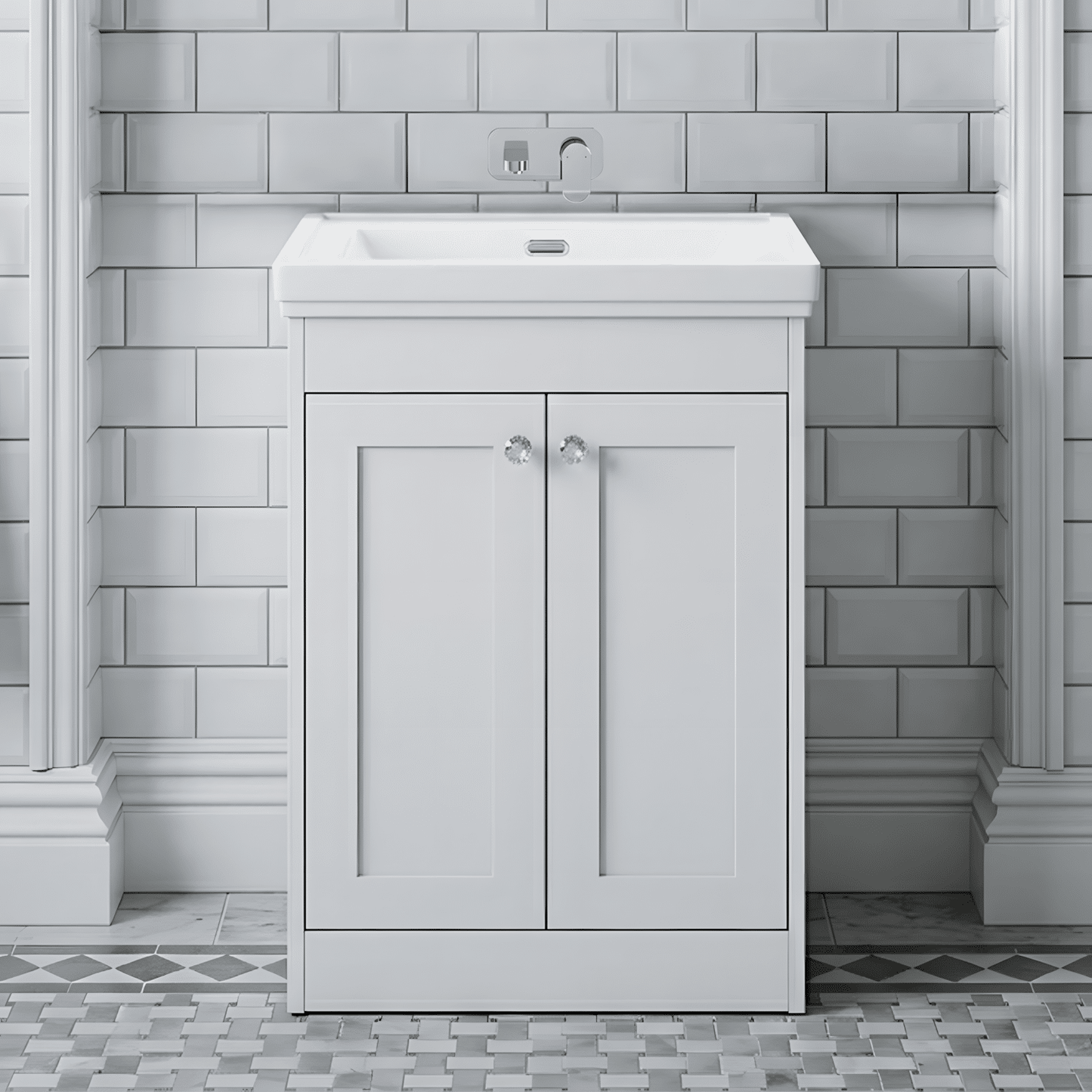 [BFHE125H] Butterton 2 Door Floor Standing Vanity Unit with Classic Basin No Tap Hole - 600mm Gloss White - Silo