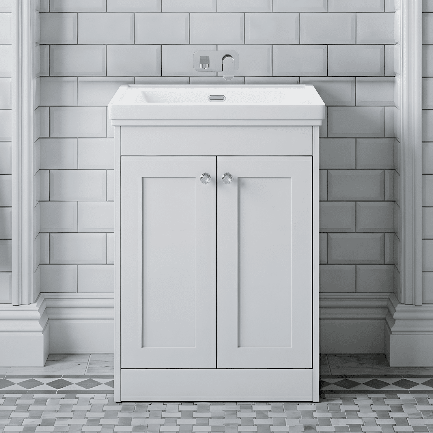 [BFHE125H] Butterton 2 Door Floor Standing Vanity Unit with Classic Basin No Tap Hole - 600mm Gloss White - Silo