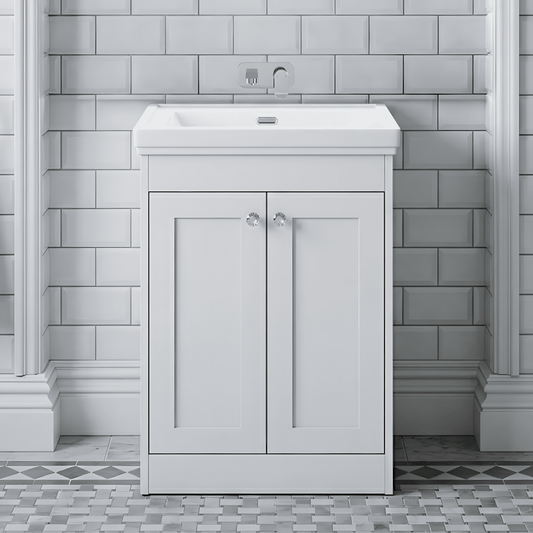 [BFHE125H] Butterton 2 Door Floor Standing Vanity Unit with Classic Basin No Tap Hole - 600mm Gloss White - Silo