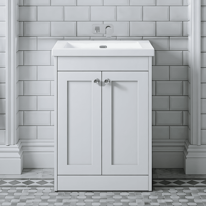 [BFHE125K] Butterton 2 Door Floor Standing Vanity Unit with Minimalist Basin No Tap Hole - 600mm Gloss White - Silo
