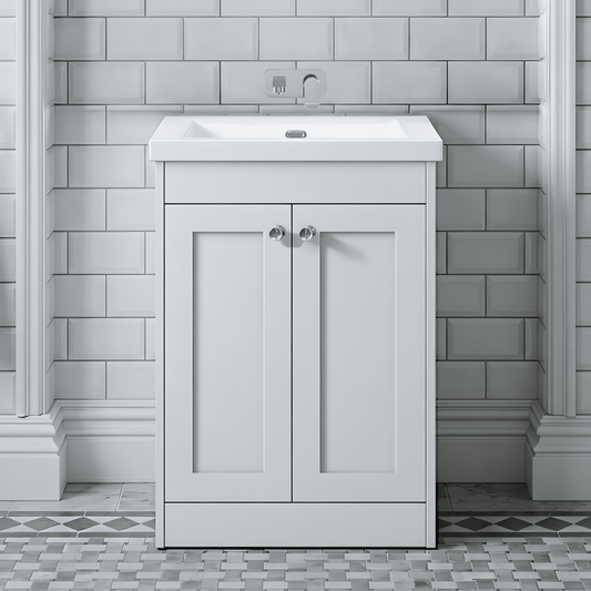 [BFHE125K] Butterton 2 Door Floor Standing Vanity Unit with Minimalist Basin No Tap Hole - 600mm Gloss White - Silo