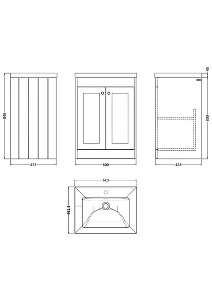 [BFHE125L] Butterton 2 Door Floor Standing Vanity Unit with Minimalist Fireclay Basin 1 Tap Hole - 600mm Gloss White - Technical Drawing