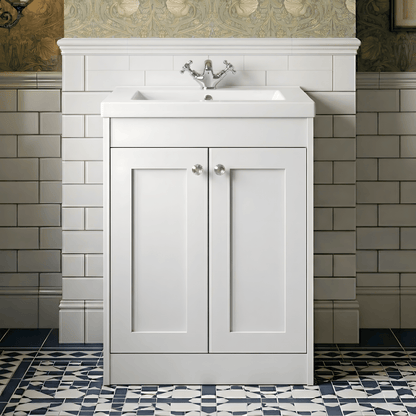 [BFHE125L] Butterton 2 Door Floor Standing Vanity Unit with Minimalist Fireclay Basin 1 Tap Hole - 600mm Gloss White - Silo