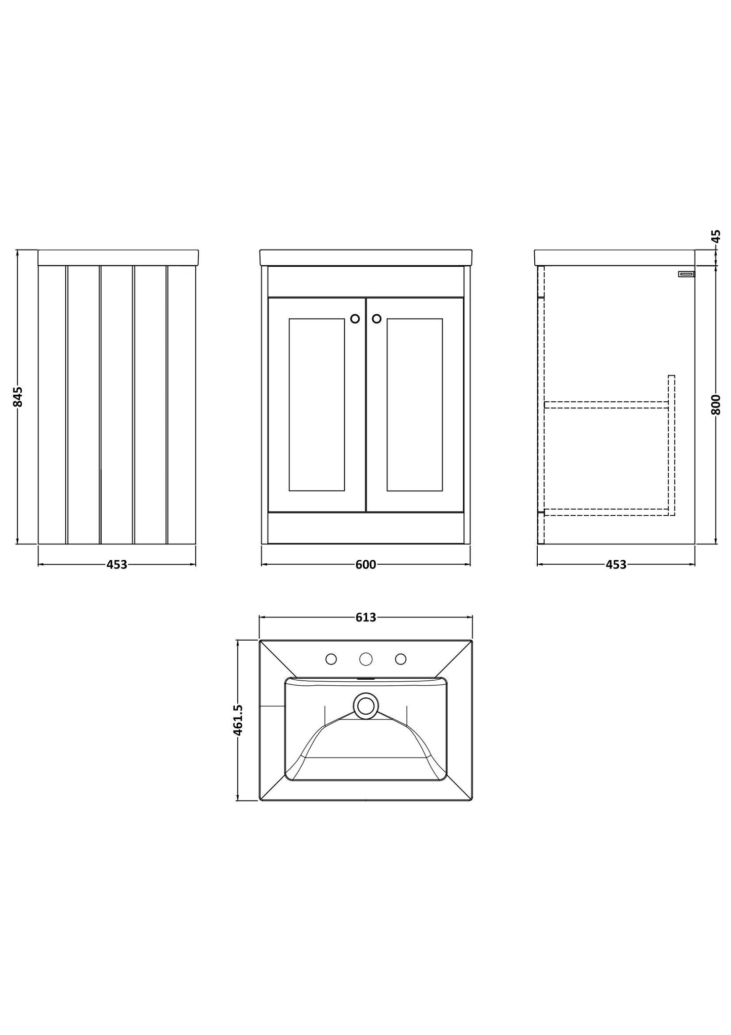 [BFHE125M] Butterton 2 Door Floor Standing Vanity Unit with Minimalist Basin 3 Tap Hole - 600mm Gloss White - Technical Drawing