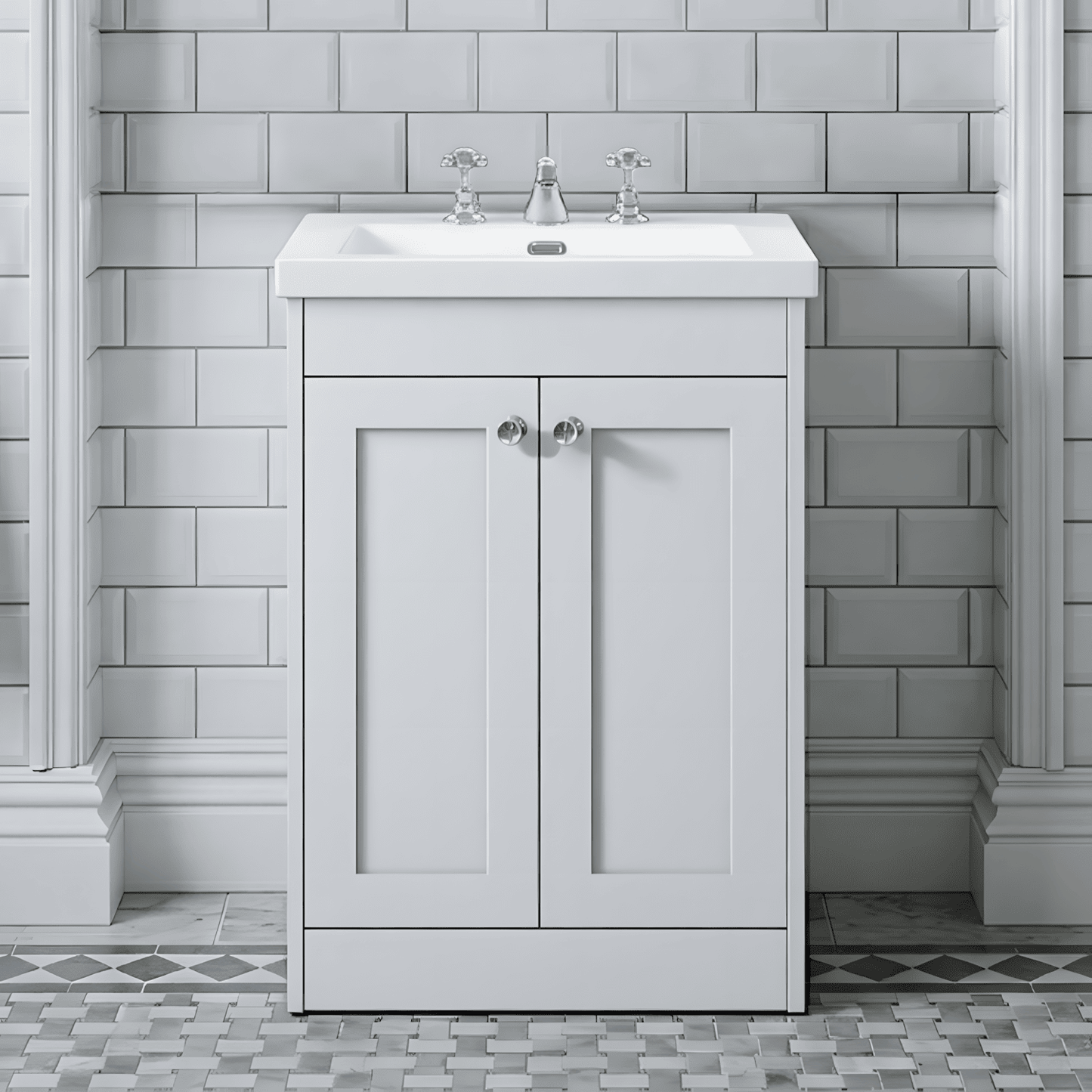 [BFHE125M] Butterton 2 Door Floor Standing Vanity Unit with Minimalist Basin 3 Tap Hole - 600mm Gloss White - Silo
