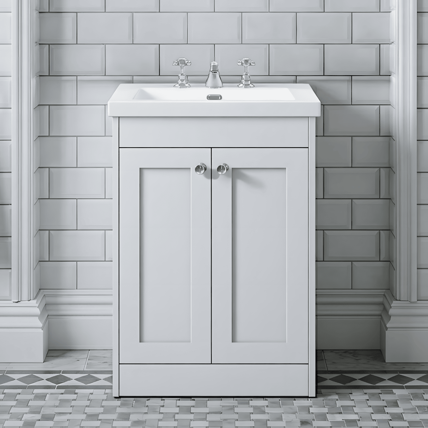 [BFHE125M] Butterton 2 Door Floor Standing Vanity Unit with Minimalist Basin 3 Tap Hole - 600mm Gloss White - Silo