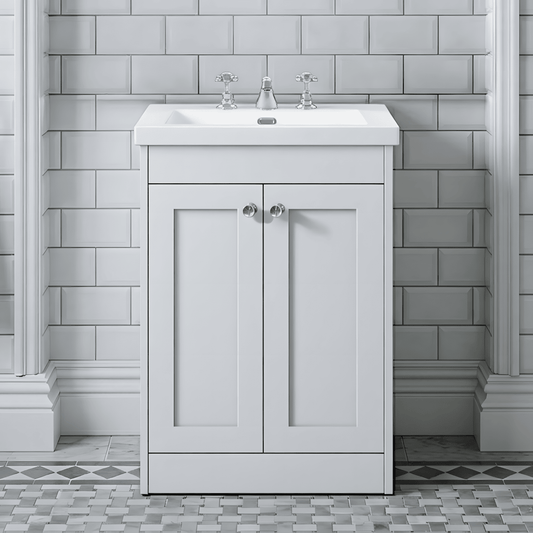 [BFHE125M] Butterton 2 Door Floor Standing Vanity Unit with Minimalist Basin 3 Tap Hole - 600mm Gloss White - Silo