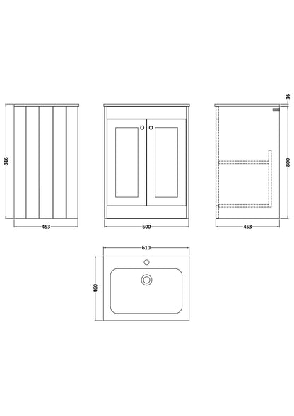 [BFHE125P] Butterton Traditional 2 Door Floor Standing Vanity Unit with Stone Basin, Gloss White, 600mm - Technical Drawing