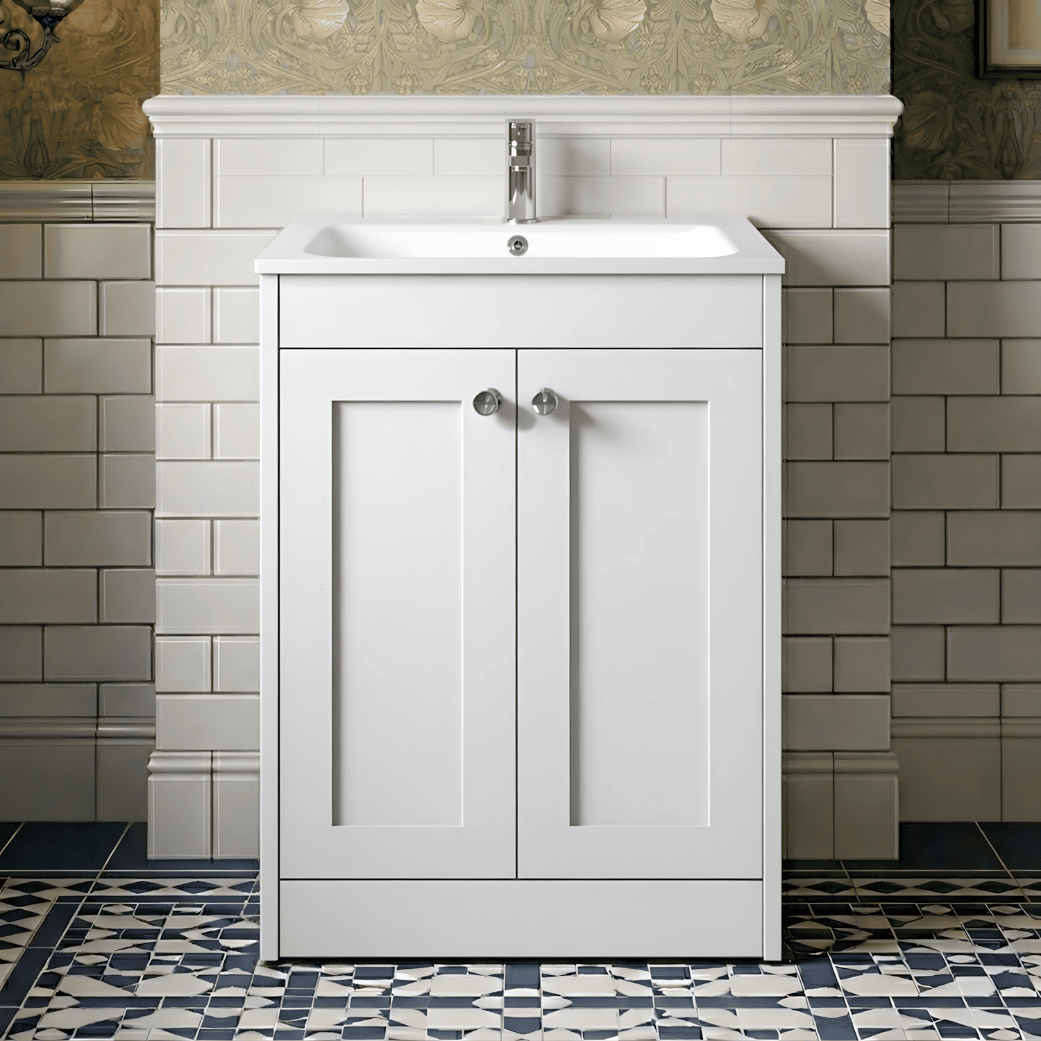 [BFHE125P] Butterton Traditional 2 Door Floor Standing Vanity Unit with Stone Basin, Gloss White, 600mm - Silo