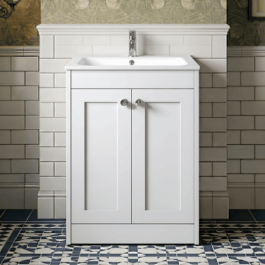 [BFHE125P] Butterton Traditional 2 Door Floor Standing Vanity Unit with Stone Basin, Gloss White, 600mm - Silo