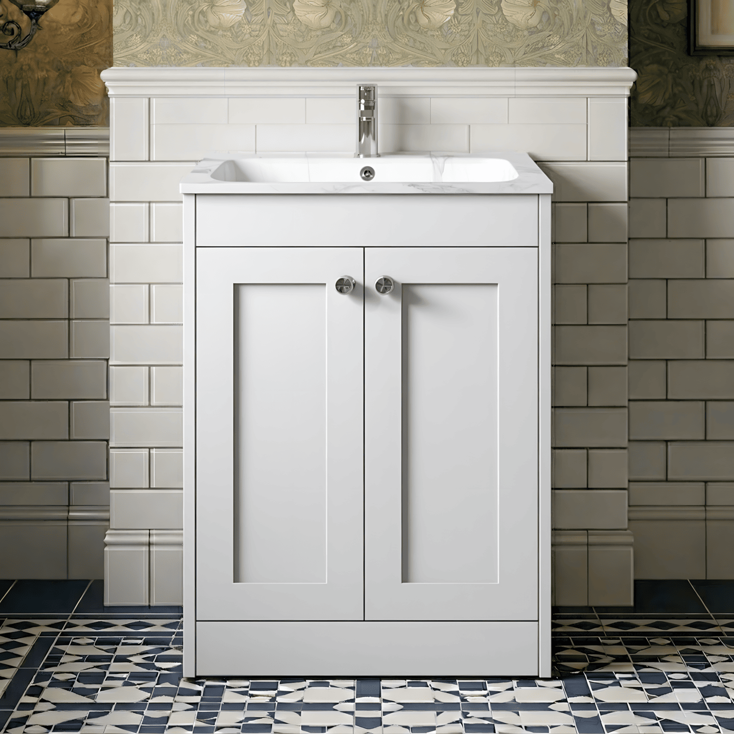 [BFHE125Q] Butterton Traditional 2 Door Floor Standing Vanity Unit with Stone Basin, Gloss White, 600mm - Silo