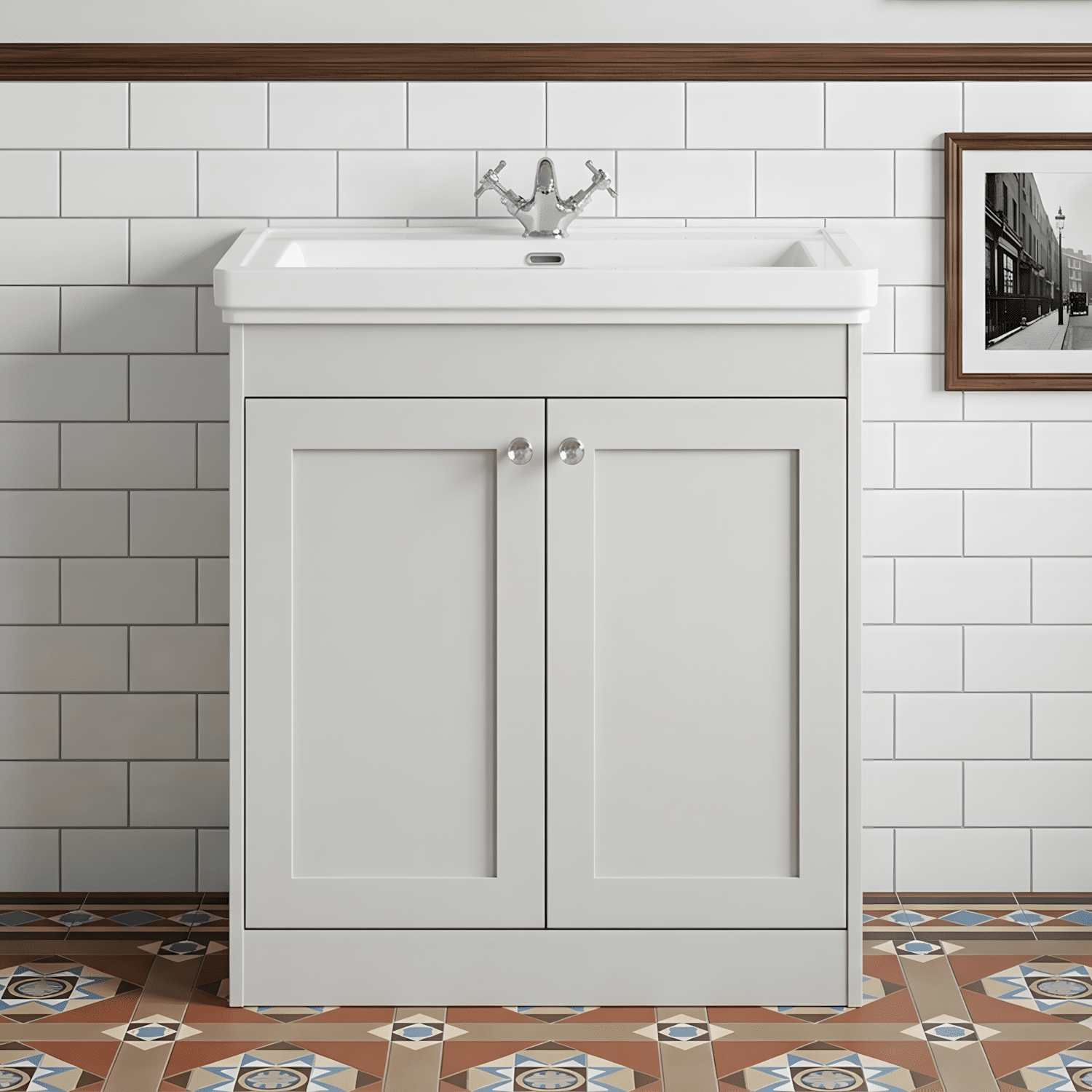 [BFHE126A] Butterton Floor Standing 2 Door Vanity Unit with Classic Basin 1 Tap Hole, 800mm - Gloss White - Silo