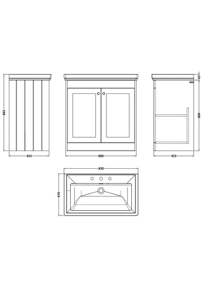 [BFHE126B] Butterton 2 Door Floor Standing Vanity Unit with Classic Basin 3 Tap Hole - 800mm Gloss White - Technical Drawing