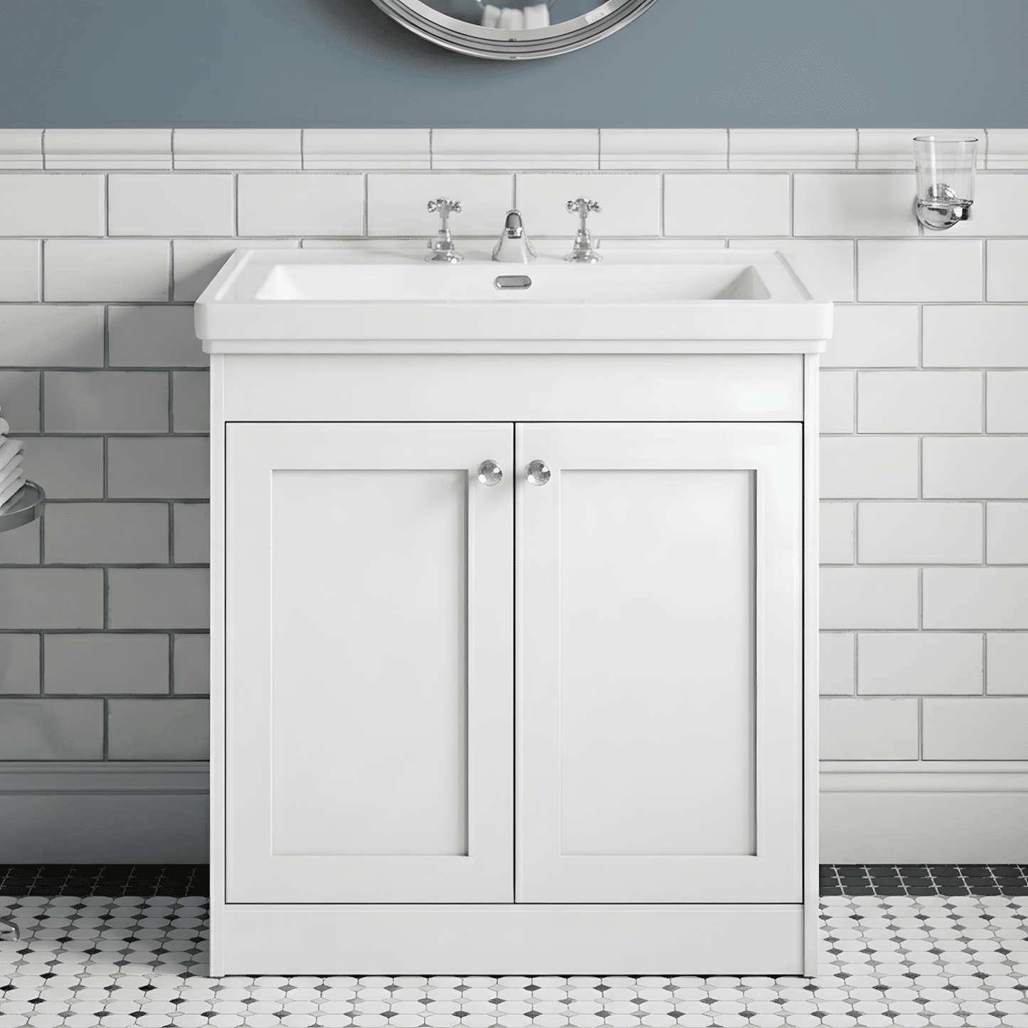 [BFHE126B] Butterton 2 Door Floor Standing Vanity Unit with Classic Basin 3 Tap Hole - 800mm Gloss White - Silo
